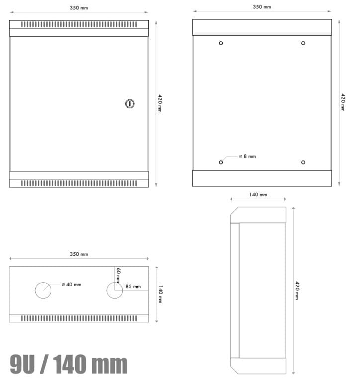 OEM 10" rozvaděč 9U/140mm, plech. dveře, černý