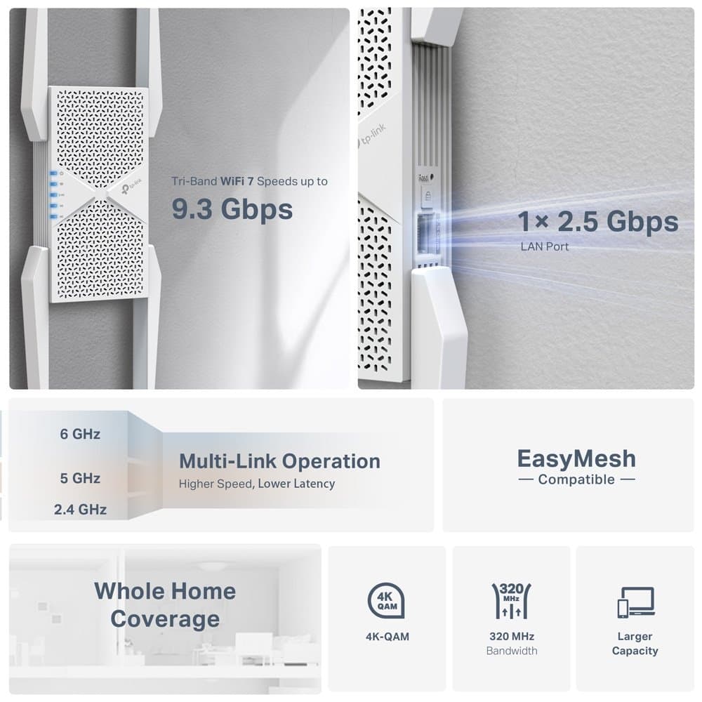 TP-Link RE655BE - BE9300 Tri-Band Wi-Fi 7 Range Extender