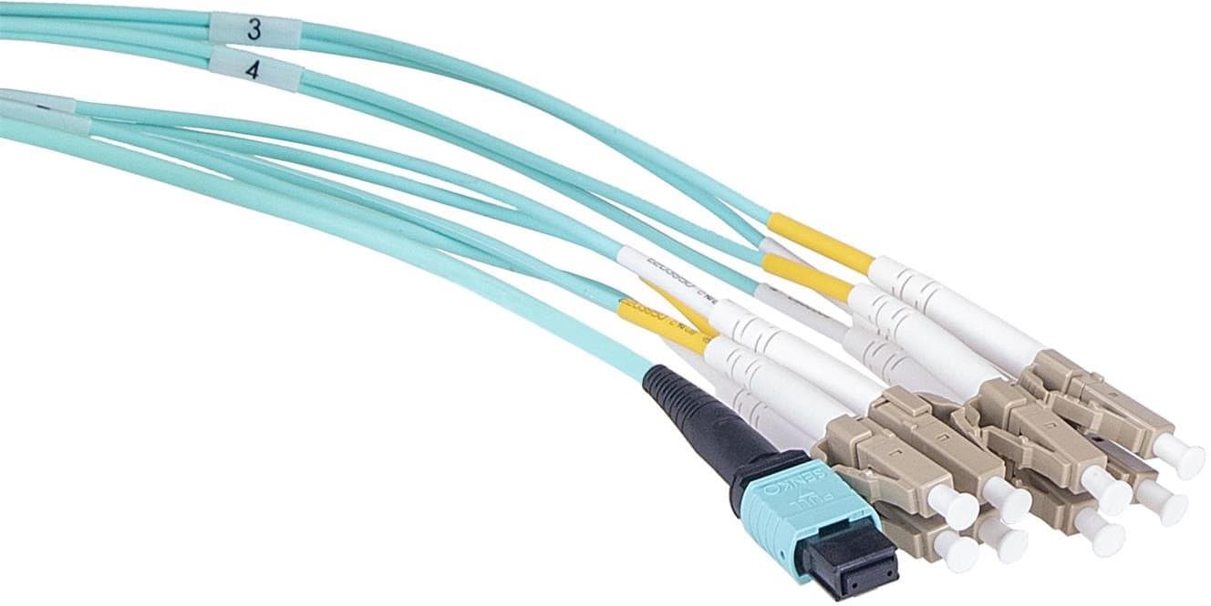 Masterlan optický MPO patch cord, MPOupc female/4xLCupc duplex, MM, OM3, 8, Typ B, 1m