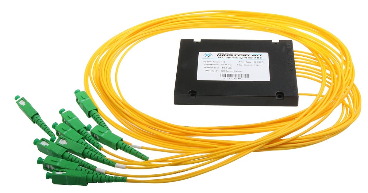 Masterlan PLC optický splitter - 1x8, 1260-1650nm, ABS box, SC/APC, 1,5m