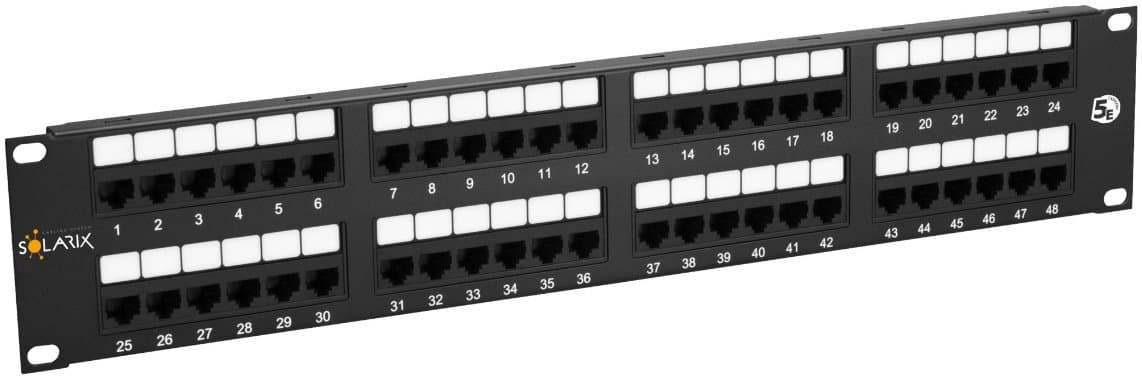 Solarix patch panel 48 x RJ45 CAT5E UTP 150 MHz, černý, 2U