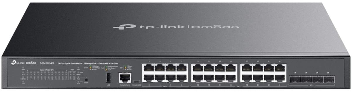 TP-Link SG5428XMPP - Omada, 24portový, stohovatelný Lite L3 switch, PoE++ a 4× 10G SFP+ sloty